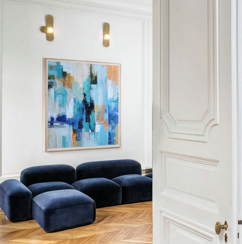Original Abstract Painting Extra Large Canvas Art,Palette Knife Contemporary Art Canvas Painting,Canvas Painting Wall Decor,Sky Blue,Yellow,White,Blue.etc